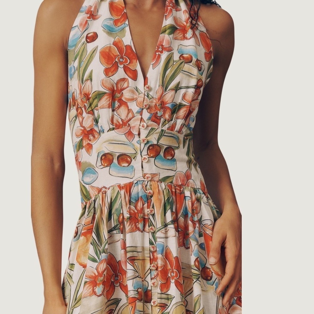 Farm Rio Cocktail Off Maxi Dress XL Tropical Floral Linen Blend Halter White - Picture 3 of 9